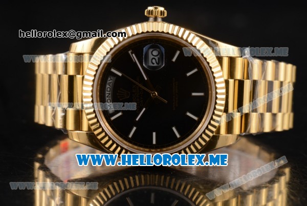 Rolex Day-Date Clone Rolex 3255 Automatic Yellow Gold Case/Bracelet with Black Dial and White Markers - Click Image to Close